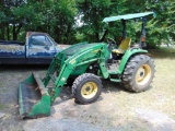 John Deere 4120 Farm Tractor, s/n lv4120h120866, 400x loader, g.p bkt, canopy, hour meter reads 3059