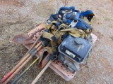 Pallet of assorted items, shovels, post hole digger, safety harness's & gas eng, Located in Marlow