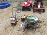 EARTHQUAKE TILLER, POULAN HEDGE TRIMMER, SCOTTS SEEDER & POULAN LEAF BLOWER LOCATED IN YARD 1