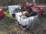 (2) CRATES OF ASSORTED DRILL PARTS & WHEEL BARROW