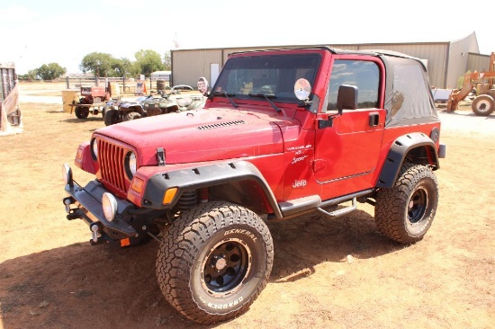2000 JEEP WRANGLER 4X4 SPORT, S/N 1J4FA49S4YP717985, INLINE 6, 5 SPD, OD READS 87805 MILES, 33"