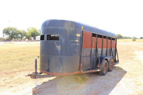 SHOPBILT T/A BUMPERPULL LIVESTOCK TRAILER, (1) DIVIDER, DRIVERS SIDE DOOR, METAL TOP, NO TITLE...