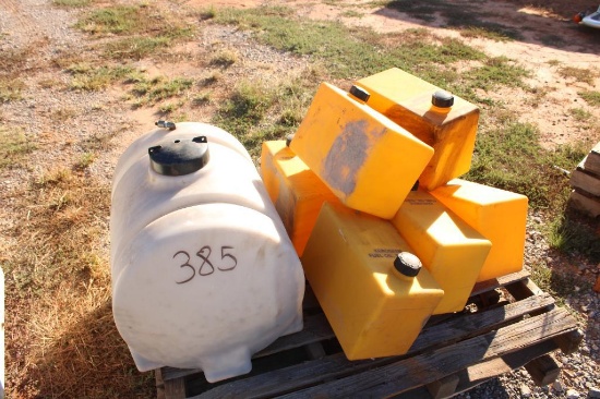 (8) FUEL CONTAINERS & (1) 35 GALLON POLY TANK...