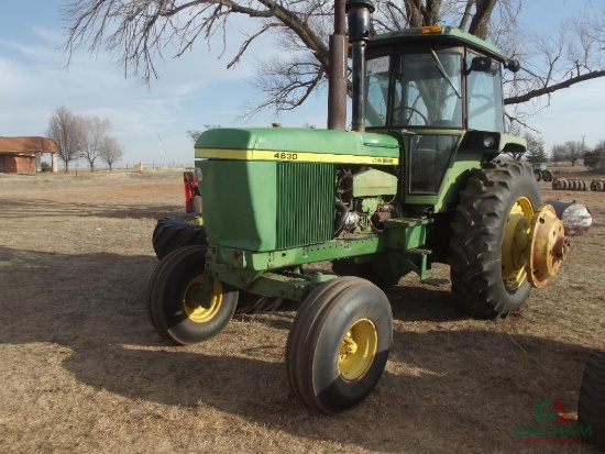 JOHN DEERE 4630 FARM TRACTOR, S/N 018202R, CAB, HOUR METER READS 0623 HRS, SYNCRO TRANS, 3PT, 1000