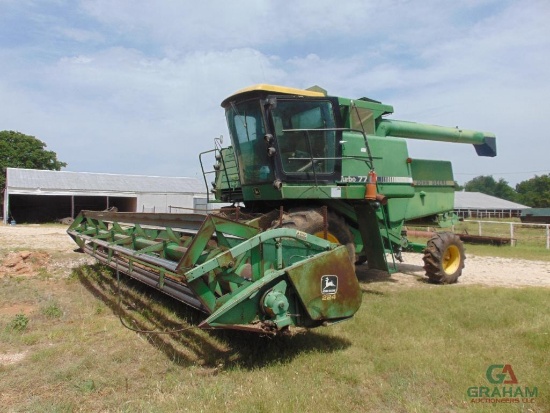 JOHN DEERE 7720 COMBINE, S/N 557762, CAB, HOUR METER READS 1173 HRS, HEADER INCLUDED. SELLS OFF