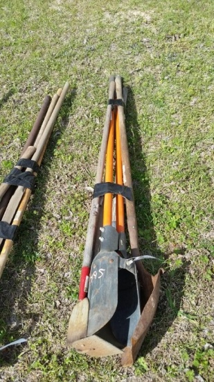 LOT-POST HOLE DIGGER, 2 SHOVELS, HOE, CHOPPER