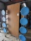 Folding cafeteria tables w. attached stools