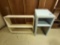 blue podium, white bookshelf