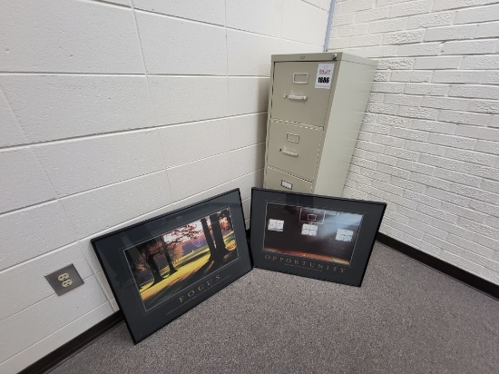 filing cabinet, 4 drawer w. 2 framed prints