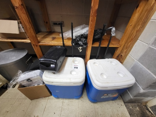 (2) igloo coolers, napkin, & soap dispensers