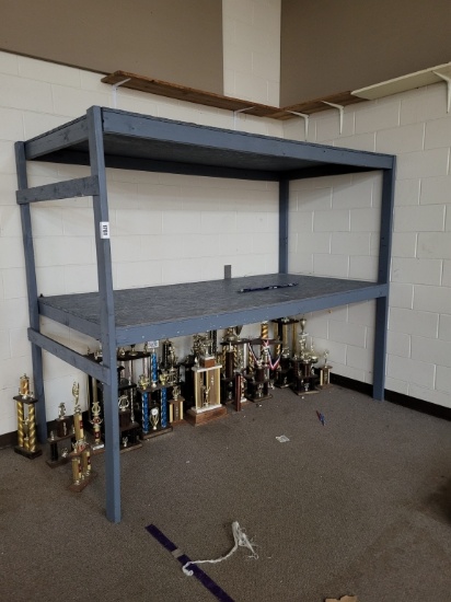 2 tier large blue wooden shelf (trophies NOT