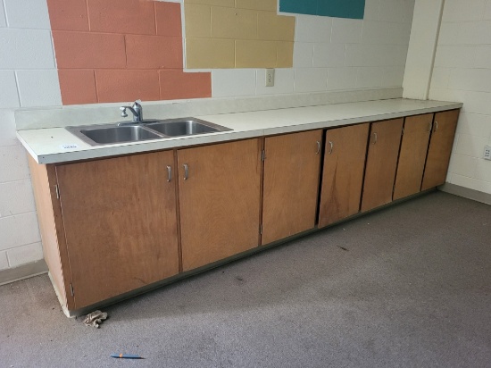 wooden cabinet w. stainless steel sink, 145x36H