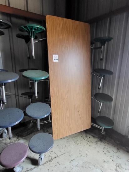 Folding cafeteria tables w. attached stools
