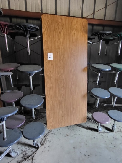 Folding cafeteria tables w. attached stools