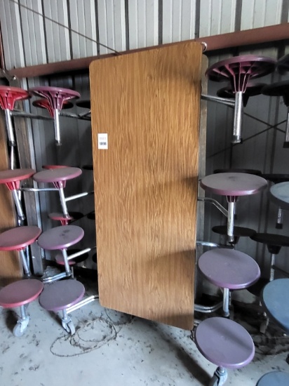 Folding cafeteria tables w. attached stools
