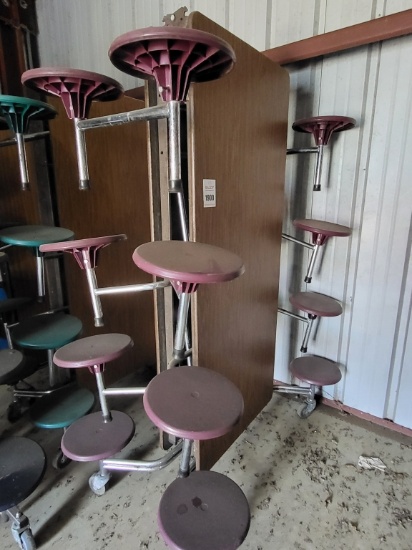 Folding cafeteria tables w. attached stools