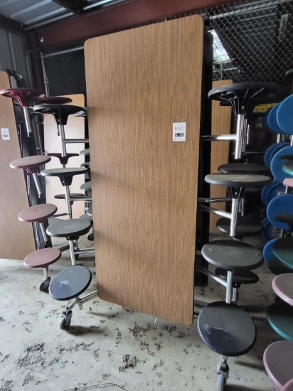 Folding cafeteria tables w. attached stools