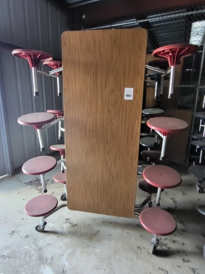 Folding cafeteria tables w. attached stools