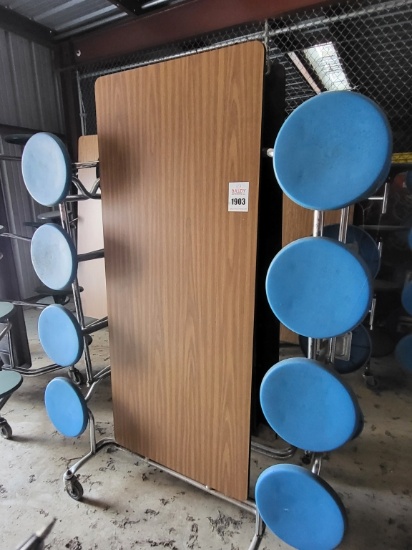 Folding cafeteria tables w. attached stools