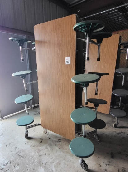 Folding cafeteria tables w. attached stools