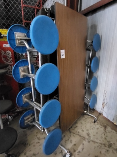 Folding cafeteria tables w. attached stools