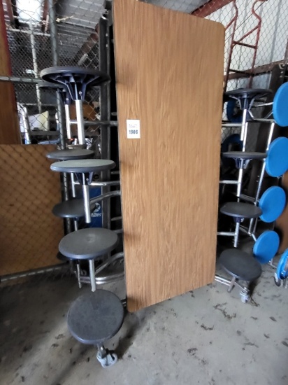 Folding cafeteria tables w. attached stools