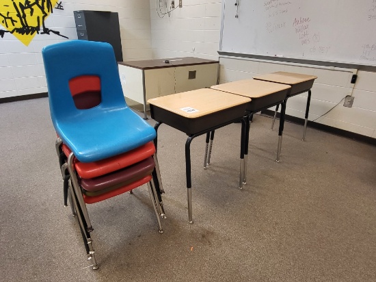 (3) metal desk, 5 stationary chairs