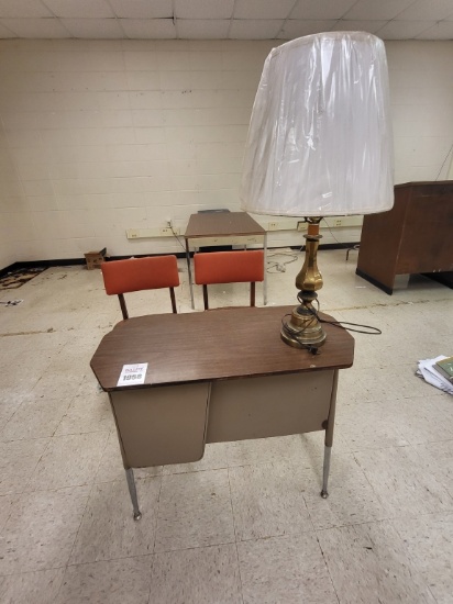 metal desk, brass lamp , 2 office chairs