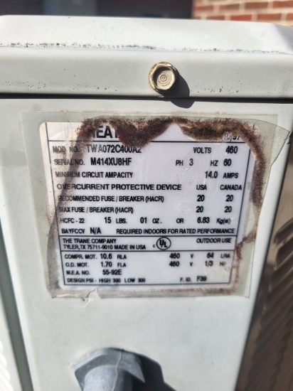Trane A/c Unit Model Twa072c400a2 Date 10/97