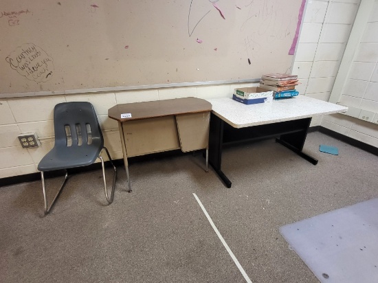 2 metal desks, 1 stationary chair