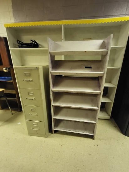 wooden bookcase, 67x32, 4 drawer filing cabinet
