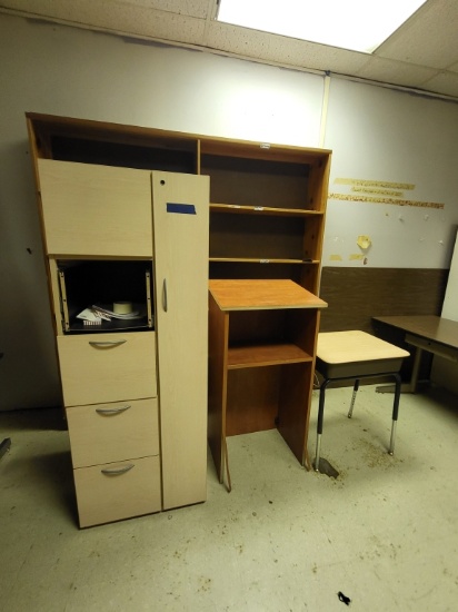 wooden cabinet, wooden podium, small metal desk