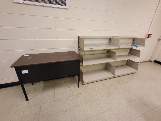 metal desk, metal shelving 6ftx44in