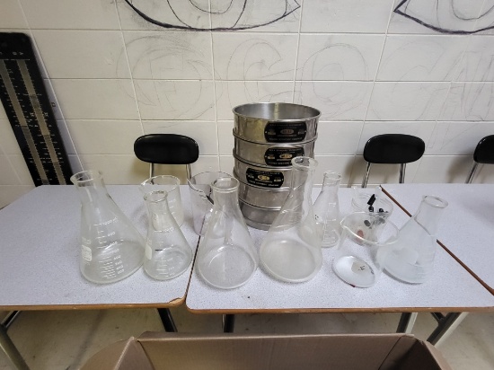 glass beakers, scientific testing seives