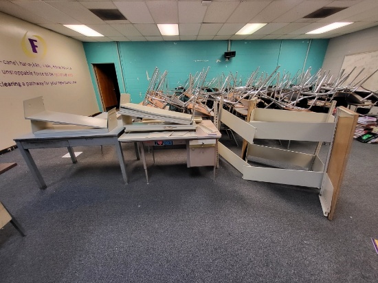 metal shelving, 2 metal office desks