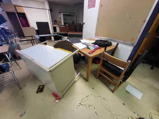 wooden table, 2 office chairs, 2 metal desks