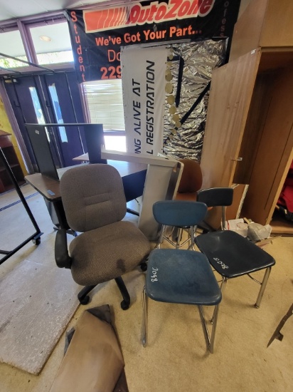 2 metal desks, 2 office chairs, 2 metal chairs,
