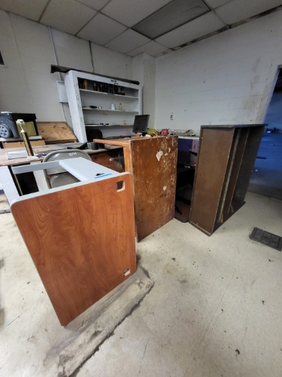 2 tables, wooden desk, folding chair, woodent