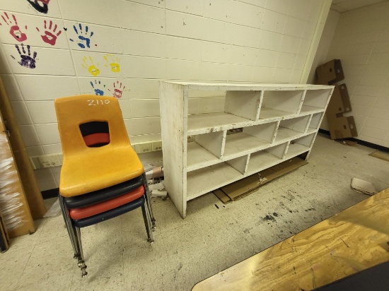 white bookshelf, 5 stationary chairs