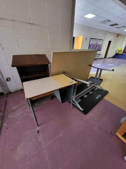 Podium, metal desk, table, cork board
