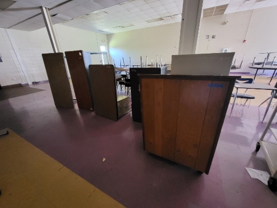 2 tables, 2 wooden desk, podium, 4-drawer filing