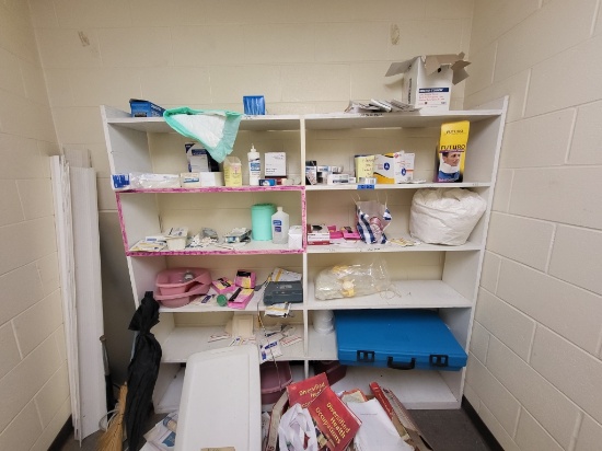 wooden bookcase w. healthcare supplies