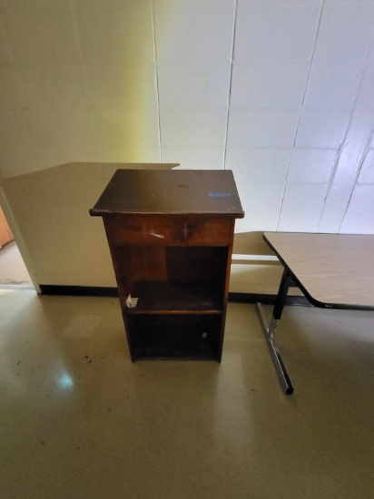 2 tables, wooden podium