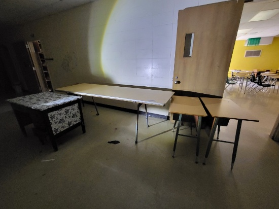 3 office desks, wooden table