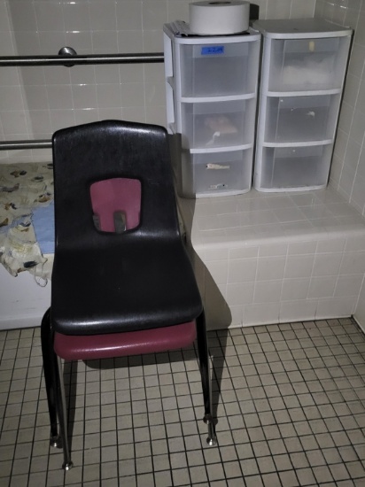 2 Plastic Sterilite Bins, 2 Stationary Chairs