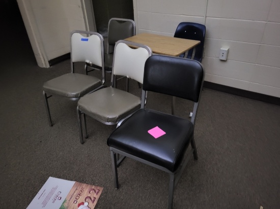 4 metal chairs, student desk