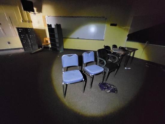 3 stationary chairs, 2 student desks