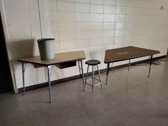 2 wooden tables, metal stool, trash bin