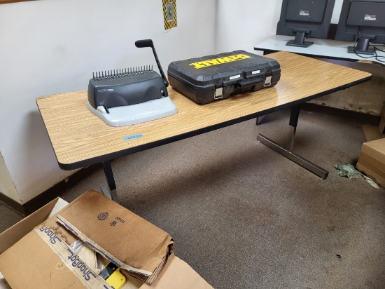 wooden table, binding machine, dewalt case