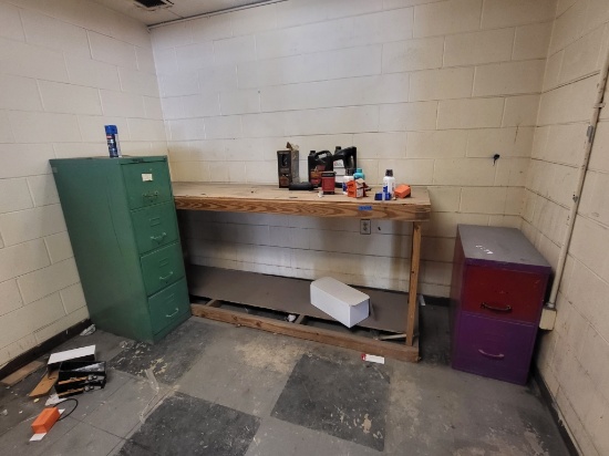 2 filing cabinets, wooden shop table